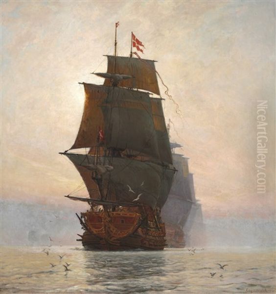 A Battle Line Oil Painting by Christian Ferdinand Andreas Molsted