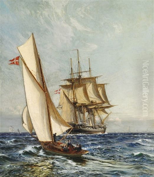 Seascape With A Danish Frigate And In The Foreground A Sailing Boat Oil Painting by Christian Ferdinand Andreas Molsted