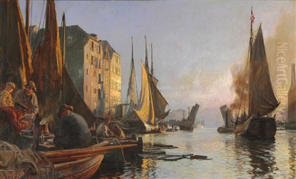 The Harbour At Knippelsbro In Copenhagen Oil Painting by Christian Ferdinand Andreas Molsted