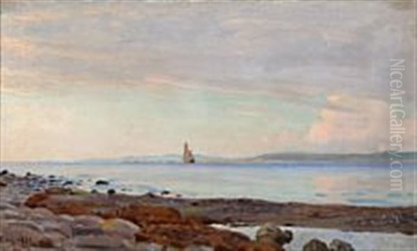 Coastal Scene With A Sailing Ship Seen From The Beach Oil Painting by Christian Ferdinand Andreas Molsted