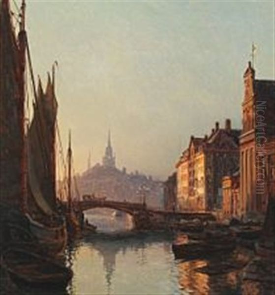 The Canal By Holmen's Bridge, Copenhagen Oil Painting by Christian Ferdinand Andreas Molsted