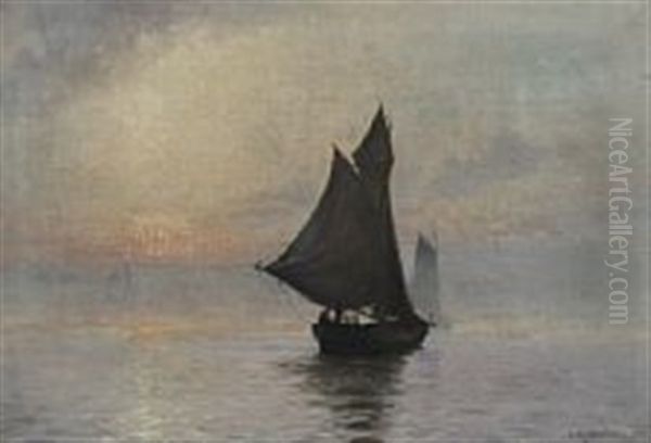 Seascape With Sailing Ships In Misty Weather Oil Painting by Christian Ferdinand Andreas Molsted