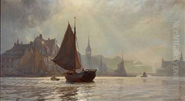 Soldis Over Havnen Ved De Seks Sostre Og Borskanalen Oil Painting by Christian Ferdinand Andreas Molsted