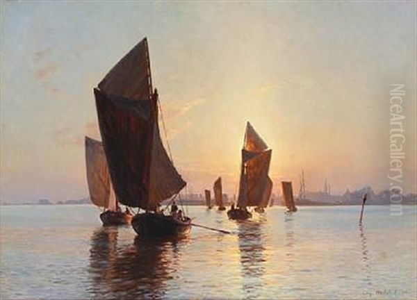 Coastal Scene From Dragor With Fishing Boats At Sunrise Oil Painting by Christian Ferdinand Andreas Molsted