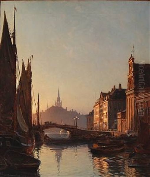 Kanalen Ved Holmens Bro. I Baggrunden Helligandskirkens Spir Oil Painting by Christian Ferdinand Andreas Molsted