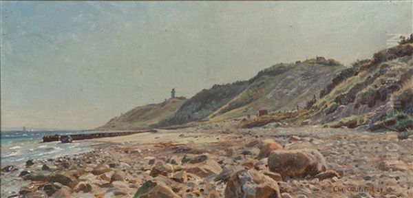 Beach Scene From Gilleleje With Nakkehoved Lighthouse In The Background Oil Painting by Christian Ferdinand Andreas Molsted