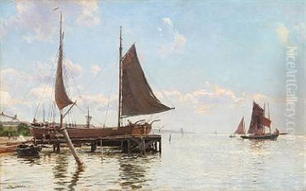 Summer Day With A Ship Made Ready To Sail Oil Painting by Christian Ferdinand Andreas Molsted