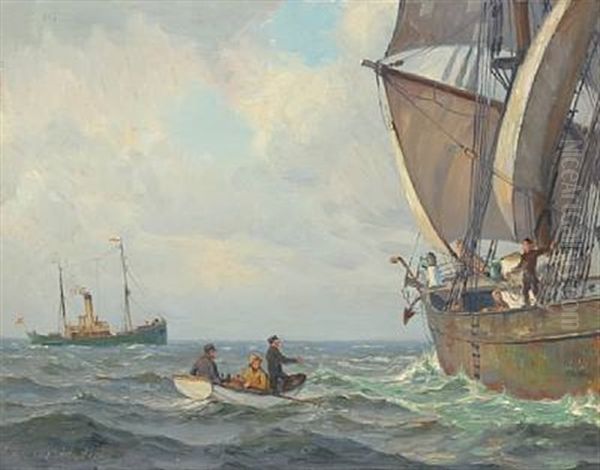 Seascape With A Pilot Entering A Sailing Ship Oil Painting by Christian Ferdinand Andreas Molsted