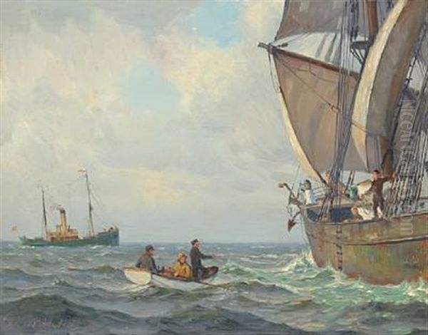 Seascape With A Rowing Boat By A Sailing Ship Oil Painting by Christian Ferdinand Andreas Molsted