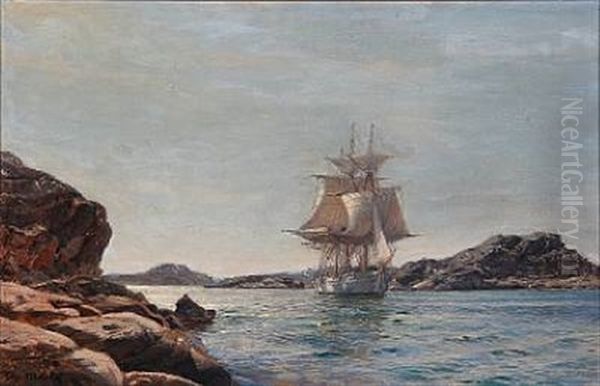 Seascape With A Sailing Ship Between Cliffs Oil Painting by Christian Ferdinand Andreas Molsted