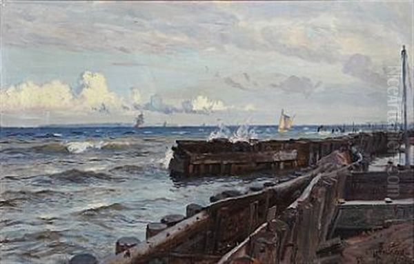 Coastal Scene With Sailing Boats At Sea Oil Painting by Christian Ferdinand Andreas Molsted