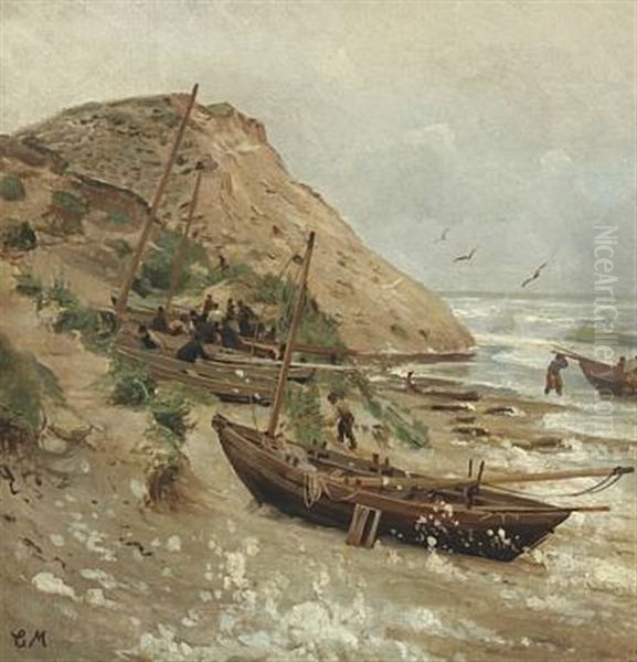 Fishermen By The Boats, Lonstrup Oil Painting by Christian Ferdinand Andreas Molsted