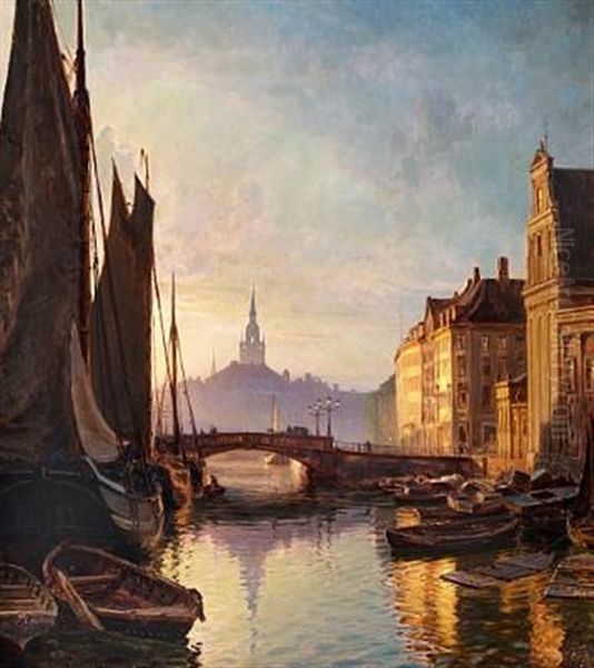 The Canal At Holmens Bro (bridge). In The Background The Spire Of The Helligandskirken. Sunset In May Oil Painting by Christian Ferdinand Andreas Molsted