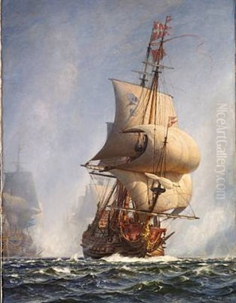 Gennembruddet Under Slaget Paa Koge Bugt 1ste Juli 1677. I Forgrunden Niels Juels Admiralskib Christianus Qvintus Oil Painting by Christian Ferdinand Andreas Molsted