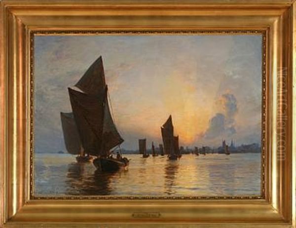 Solnedgang Ved Dragor - Fiskerflaaden Gaar Ud (sunset Above Dragor - The Fisherboats Leaving The Harbour) Oil Painting by Christian Ferdinand Andreas Molsted