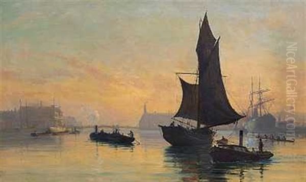 Skibe I Kobenhavns Havn Ved Solnedgangstide Oil Painting by Christian Ferdinand Andreas Molsted