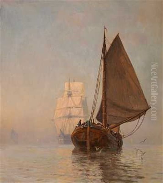 Skibe Pa Havet I Morgendis Oil Painting by Christian Ferdinand Andreas Molsted