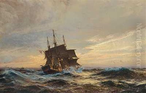 Tremaster Pa Havet I Solnedgangen Oil Painting by Christian Ferdinand Andreas Molsted