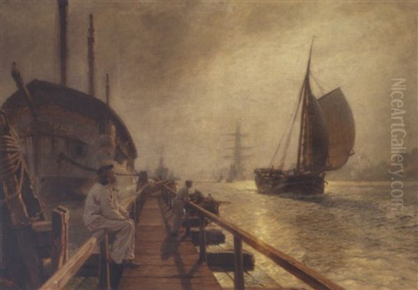 Bygevejr I Havnen Ved Honsebroen Oil Painting by Christian Ferdinand Andreas Molsted