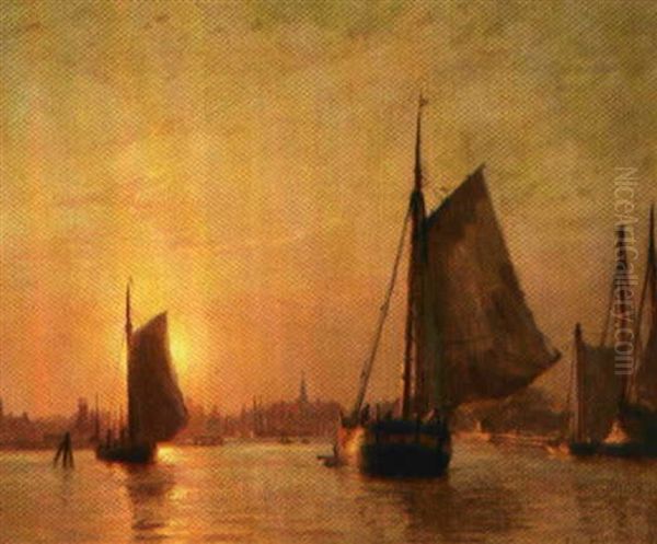 Sejlskibe I Kobenhavns Havn Ved Solnedgang Oil Painting by Christian Ferdinand Andreas Molsted