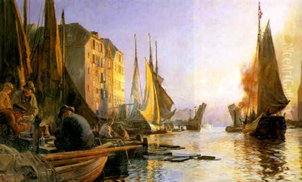 Havnen Ved Knippelsbro Oil Painting by Christian Ferdinand Andreas Molsted