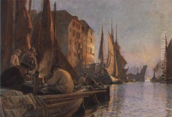 Aftenstemning I Havnen Ved Den Gamle Knippelsbro, Christianshavnssiden Oil Painting by Christian Ferdinand Andreas Molsted