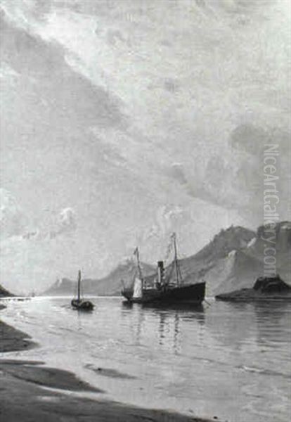 Norsk Fjordparti Med Dansk Dampskib Oil Painting by Christian Ferdinand Andreas Molsted