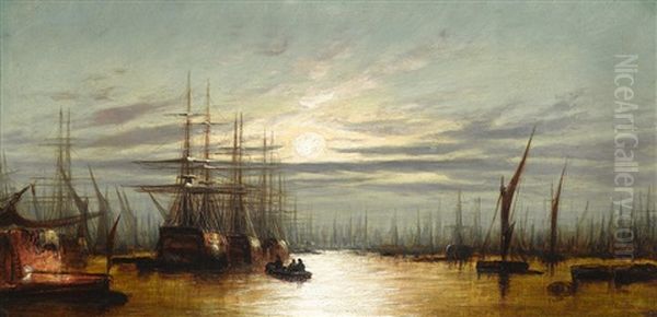 Daybreak On The River Thames; And Nightfall On The River Thames, A Pair Oil Painting by Francis Moltino