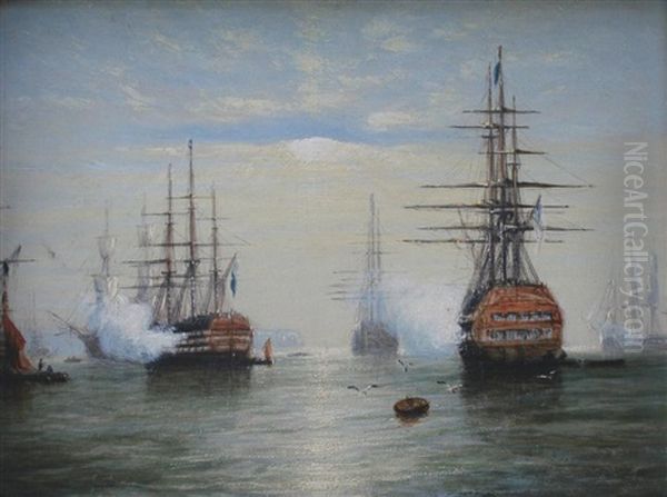 The Morning Gun (+ Frigates In Coastal Waters; Pair) Oil Painting by Francis Moltino