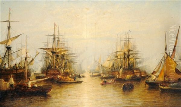 Naval Vessels, Barges, Fishing Boats And Other Shipping In A Harbor Oil Painting by Francis Moltino