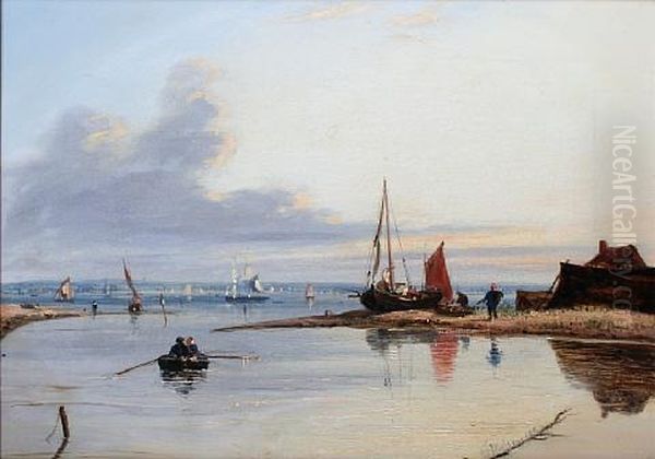 A Busy Fishing Estuary In A Calm Oil Painting by Francis Moltino