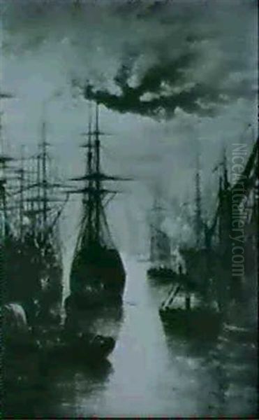 A Forest Of Masts By Moonlight On The Thames Oil Painting by Francis Moltino