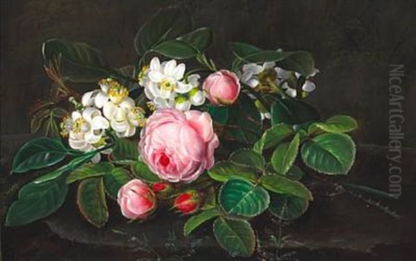 Pink Roses And Hawthorn On A Stone Sill Oil Painting by Julia Georgine Sophie Moltke