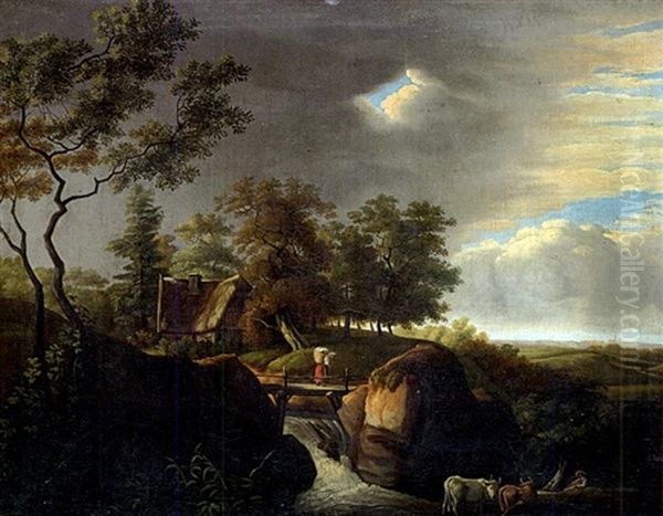 Landschaft Mit Wasserfall Und Kuhen Vor Aufziehendem Gewitter Oil Painting by Petrus Marius Molyn