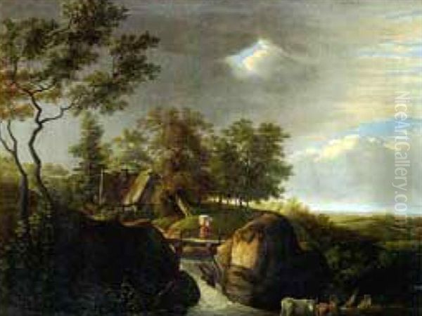 Landschaft Mit Wasserfall Und Kuhen Vor Aufziehendem Gewitter by Petrus Marius Molyn