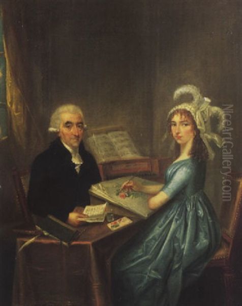 An Elegant Lady Being Tutored In Painting By Her Instructor Oil Painting by Jacques-Francois Momal