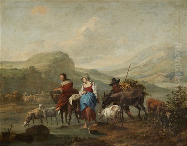 Southern Landscape With Shepherdesses And A Farmer Oil Painting by Hendrick Mommers