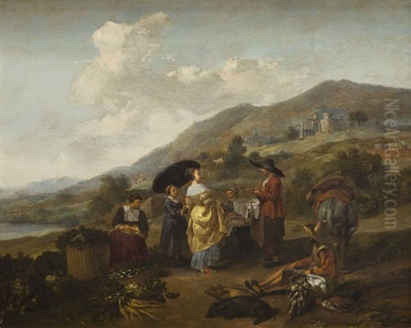 Italian Landscape With A Tradeswoman by Hendrick Mommers