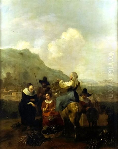 Girl On A Donkey Holding A Bird Cage With Vegetable Sellers And A Lady Choosing Some Grapes With Town And Mountain To Background Oil Painting by Hendrick Mommers