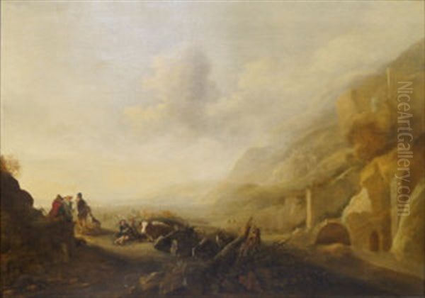 Pastoral Scene With Figures, Cattle And Sheep At An Encampment Near Ruins Oil Painting by Hendrick Mommers