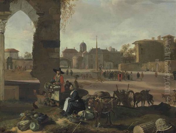 An Italianate Townscape With A Market In The Foreground And Figures Congregating On The Piazza Oil Painting by Hendrick Mommers