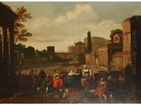 Vegetable Markets With Roman Buildings And Figures (pair) Oil Painting by Hendrick Mommers