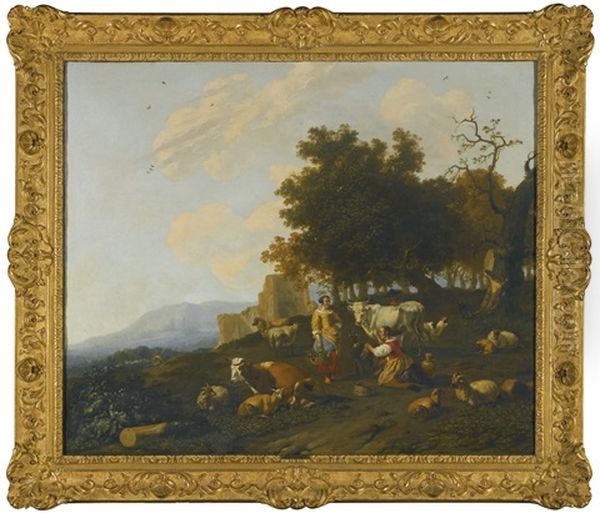 Milkmaids Milking Cattle In A Hilly Landscape With Ruins Beyond Oil Painting by Hendrick Mommers