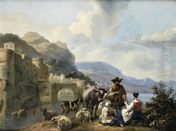 An Italianate Landscape With A Shepherd And His Flock On The Banks Of A River, A Walled Town In The Distance Oil Painting by Hendrick Mommers