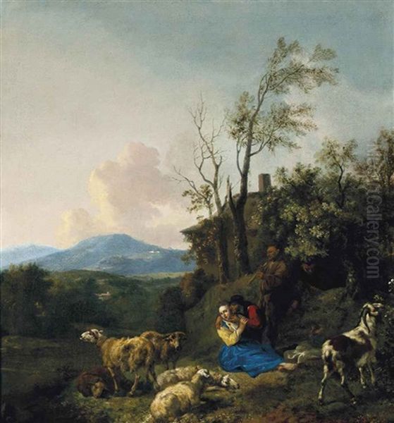 Shepherds And Their Flock In A Wooded Landscape Oil Painting by Hendrick Mommers