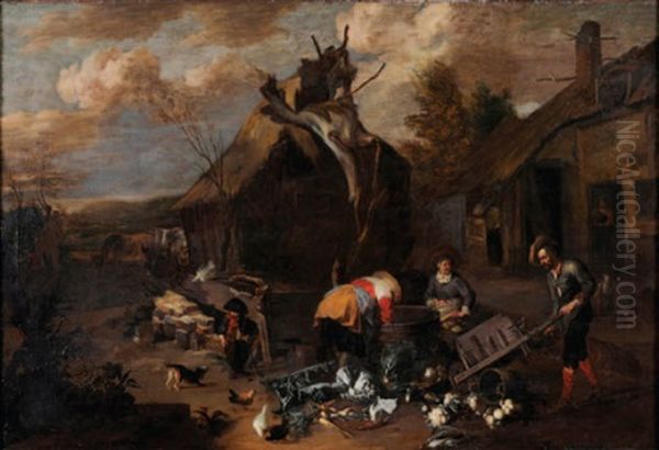 Rural Dwellers Preparing Vegetables In A Farmyard Oil Painting by Hendrick Mommers