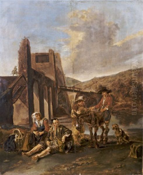 Travelers And Their Animals Resting By A Fortified Bridge Oil Painting by Hendrick Mommers