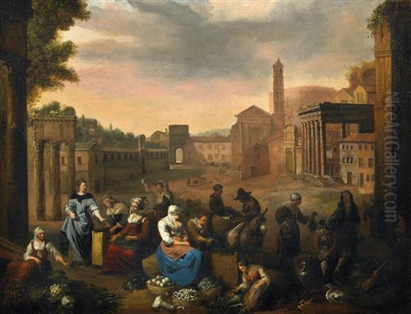 Marktreiben Auf Romischer Piazza. Gemuse- Und Geflugelhandler Bieten Ihre Ware Feil Oil Painting by Hendrick Mommers