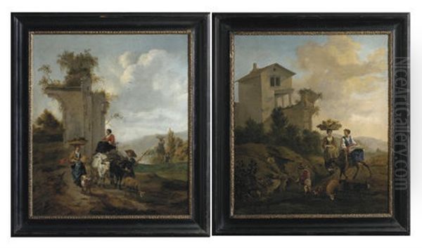 An Italianate Landscape With Village Women Travelling To Market (+ An Italianate Landscape With Villagers And An Ox-cart; Pair) Oil Painting by Hendrick Mommers