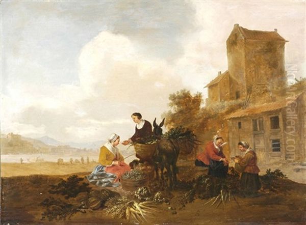 Marktfrauen Mit Gemuse Und Fruchten, Im Hintergrund Ein Fluss Oil Painting by Hendrick Mommers